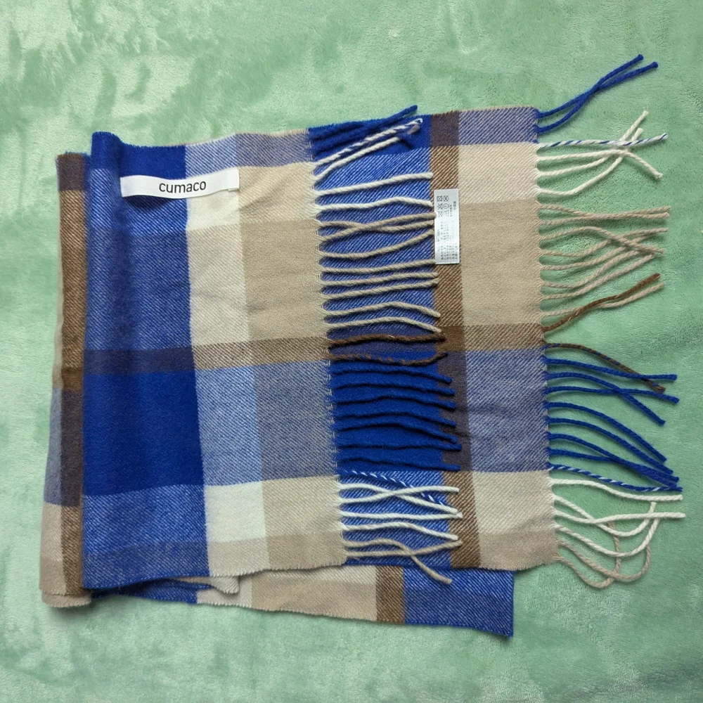 100% Cashmere Cumaco Blue Brown Checkered Scarf